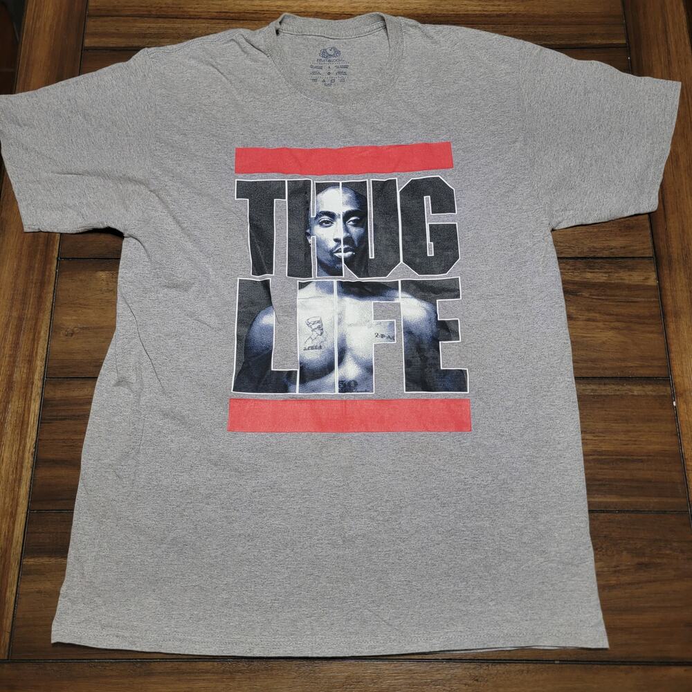 2 Pac Grey Unisex Tee (Fruit Of the Loom) "Thug Life" - Size Large